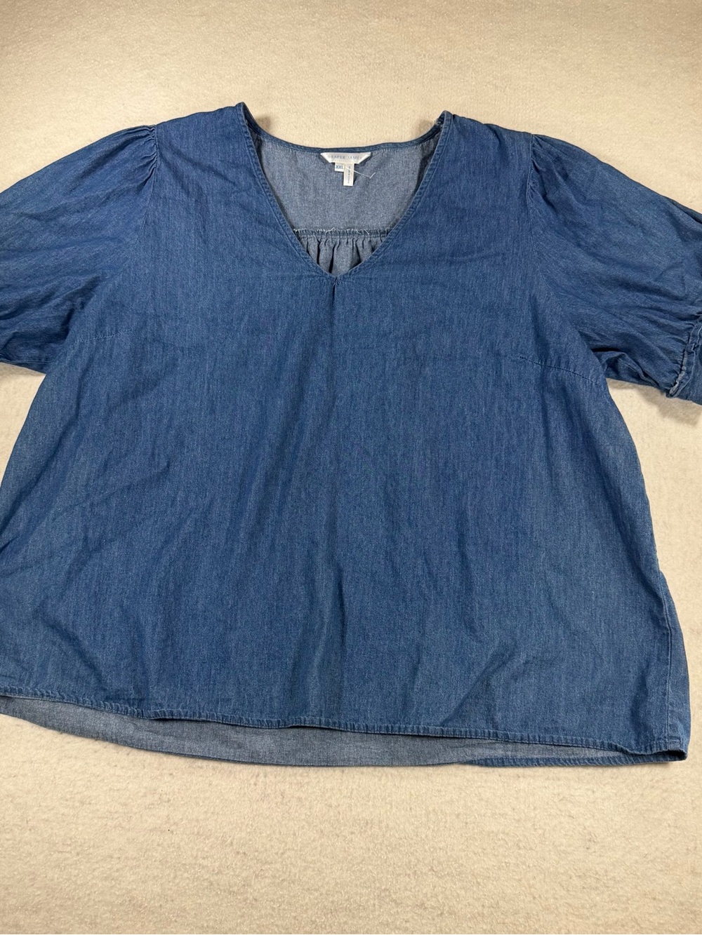 Draper James Chambray Puff Sleeve V-Neck Blouse Blue Cotton Top XXL